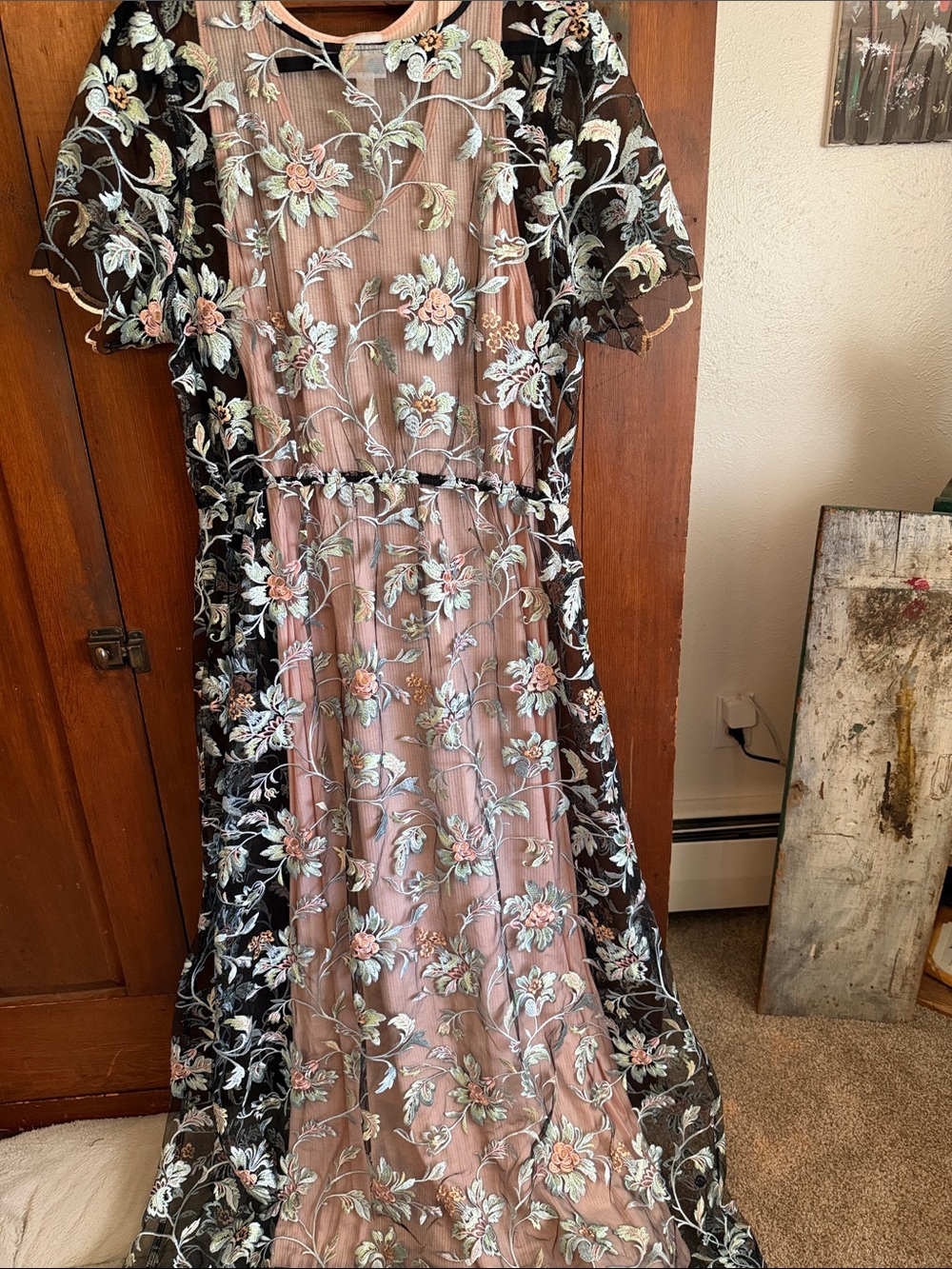 LuLaRoe Black Mesh Floral Dress with Pink Lining